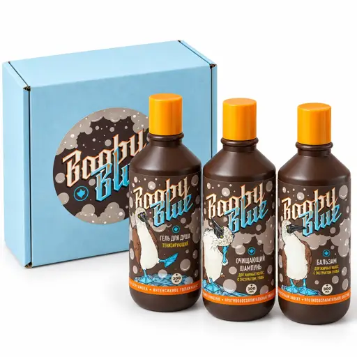 Подарочный набор Booby Blue: Тонизирующий гель, шампунь и бальзам для жирных волос
